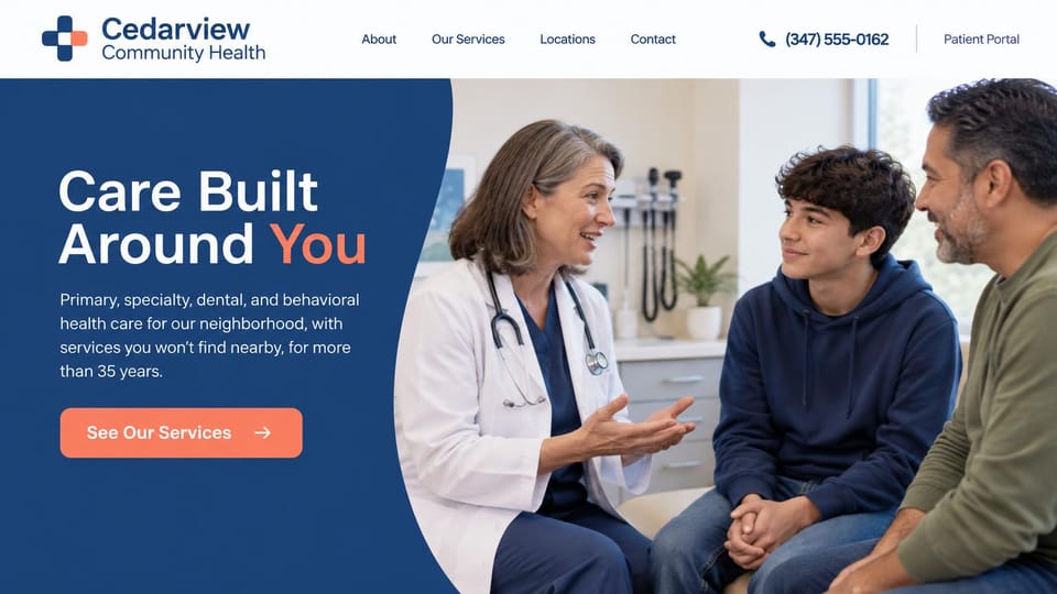 Medical practice website design, community health center with a curved blue panel: white header, a curved navy panel with a white and coral headline and coral button beside a doctor talking with a teenager and his father