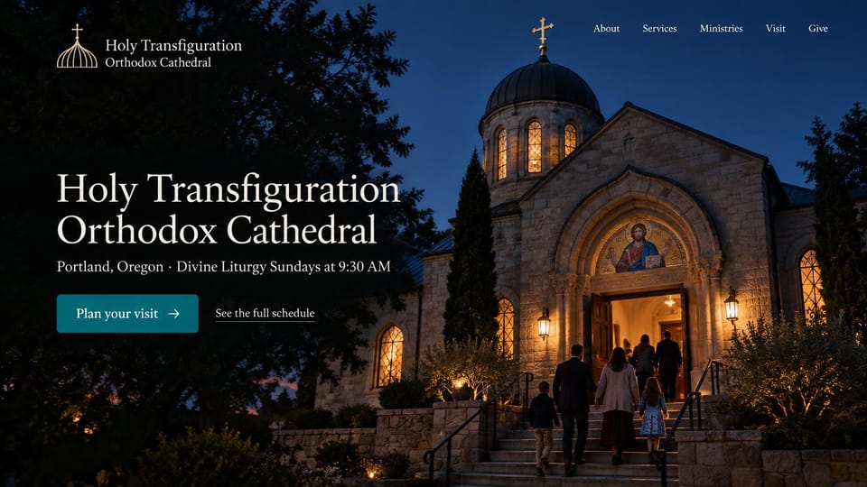 Church website design, orthodox cathedral at night: a domed stone cathedral lit at night, white serif headline and a teal button
