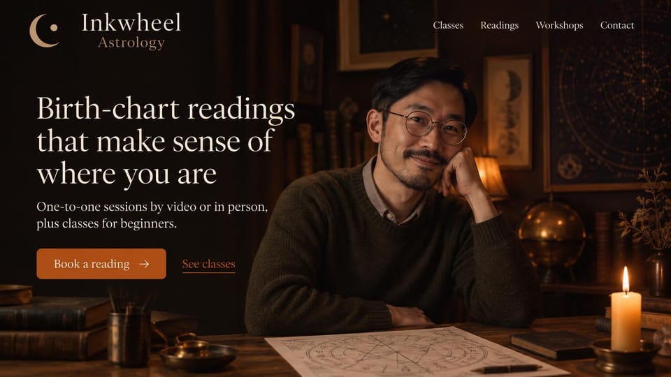 Astrology website design, birth charts and beginner classes by lamplight: dark brown study, a cream serif headline, a burnt orange button and a classes link beside a smiling astrologer in round glasses with his chin on his hand, a chart on the desk