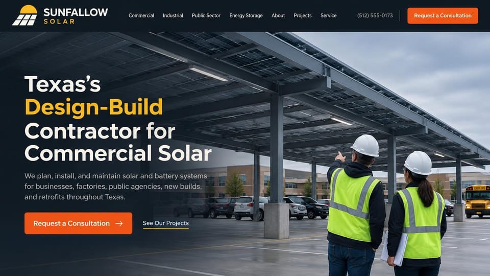 Solar website design, commercial design-build solar under a carport: dark navy page, a white and gold headline, an orange consultation button and an underlined projects link, two people in hard hats and hi-vis vests under a solar carport over a parking lot