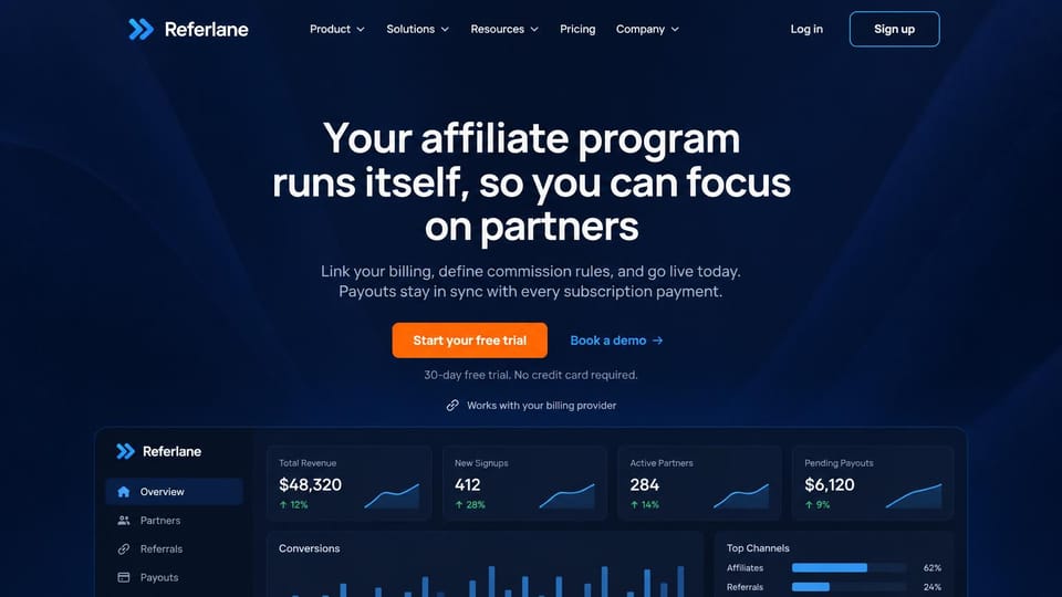 SaaS website design, affiliate software with the dashboard below: deep navy, centered white headline, an orange button and a dark partner dashboard