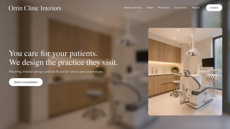 Interior design website design, clinic and dental office interiors: a blurred beige clinic behind a white serif headline, with a sharp photo of a dental treatment room