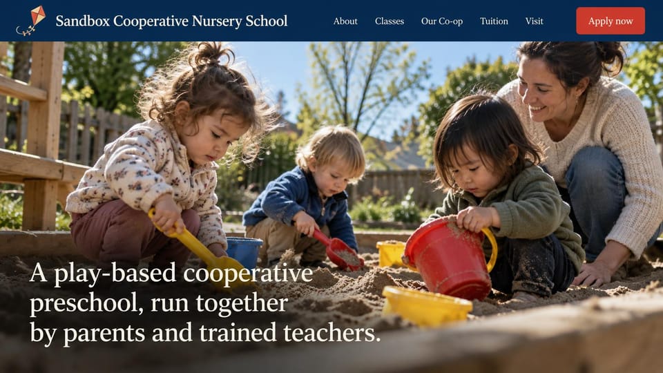 Daycare website design, co-op nursery school with a full-bleed sandbox photo: navy header with a red apply button, a full-width sunny photo of three toddlers digging in a sandbox with a parent, a large white serif headline at the lower left