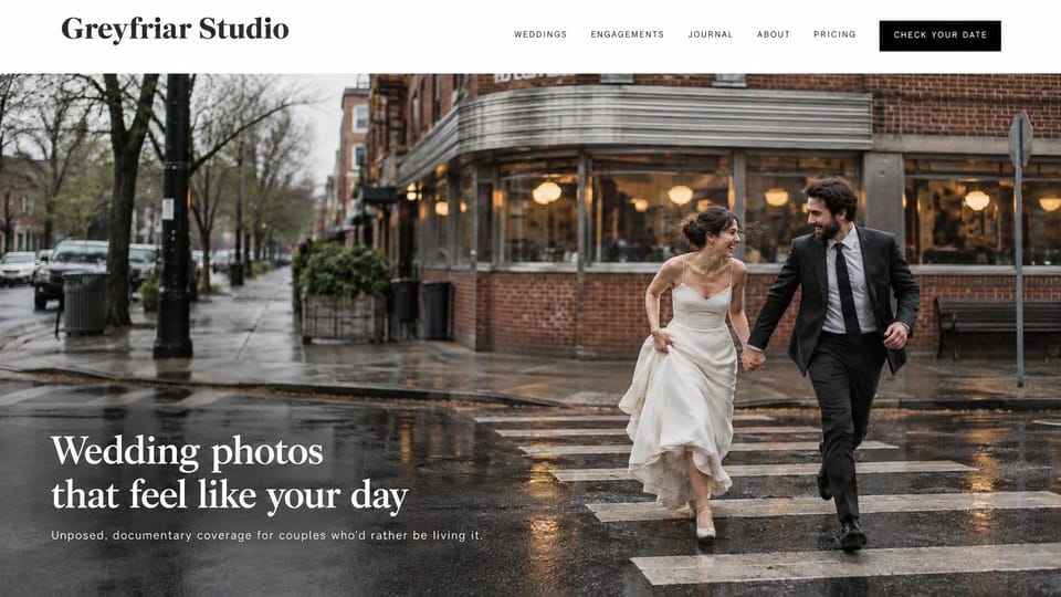 Wedding photographer website design, city wedding photographer on a rainy crosswalk: white header with a bold serif logo and a black button, a couple running hand in hand across a wet city crosswalk, a white serif headline lower left