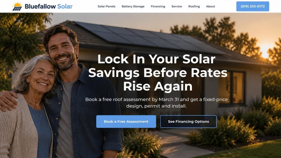 Solar website design, home solar with a deadline offer and a family portrait: white menu with a blue phone button, a sunset photo of a smiling mother and adult son outside a home with rooftop panels, a centered white headline, a blue assessment button and an outlined financing button