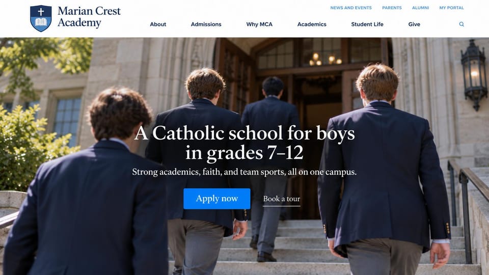 School website design, catholic boys' school with a centered headline: white header, boys in blazers walking up stone steps into an arched doorway, a centered white serif headline, a bright blue apply button