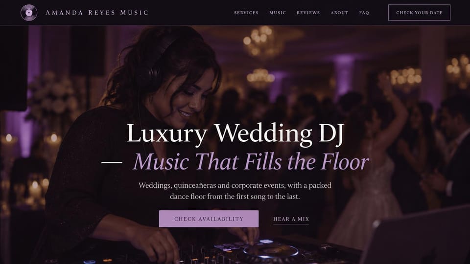 DJ website design, luxury wedding DJ in plum and lilac: plum-tinted photo of a woman DJ in headphones at a ballroom reception, white and lilac serif headline, lilac button