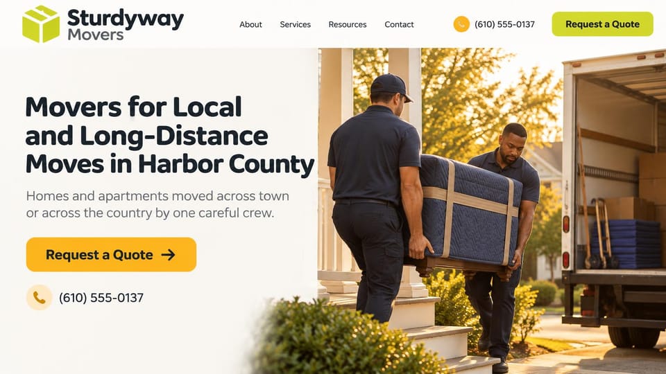 Moving company website design, local and long-distance movers on a sunny porch: white page, a large navy headline, a golden yellow quote button and phone number, two movers in navy carrying a padded dresser down porch steps beside an open truck