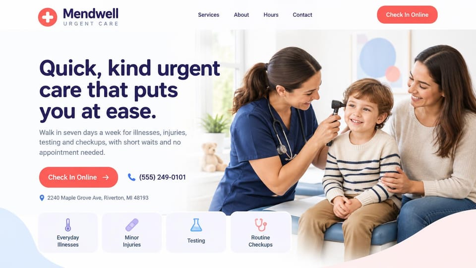 Medical practice website design, urgent care with check-in and service tiles: white page, a navy headline, coral check-in button and phone beside a nurse checking a boy's ear as his mother watches, pale service tiles below
