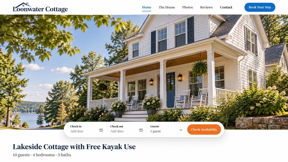 Vacation rental website design, lakeside cottage titled like a listing: white header with a blue button, a white lakeside cottage with porch rocking chairs and hydrangeas, rounded booking bar with an orange button, title and facts below