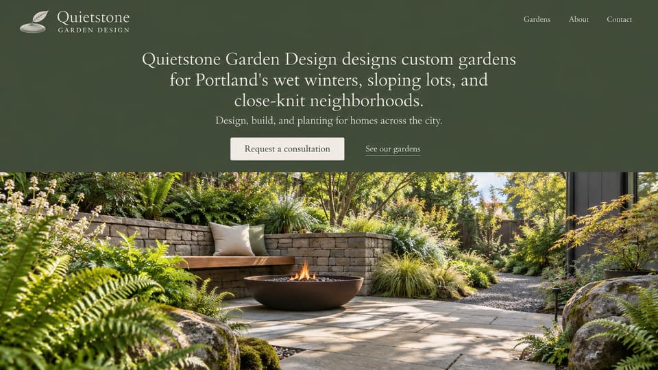 Landscaping website design, woodland garden design under a dark green band: dark forest green band with a centered ivory serif headline, a light consultation button and a gardens link, above a sunlit garden with ferns, a stone wall bench and a fire bowl