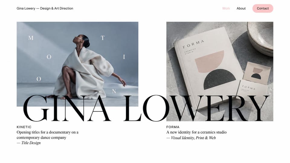 Graphic design portfolio website design, art director with the name across the work: white page, giant black serif name over two images, a dancer in white fabric and a book cover, small serif captions below