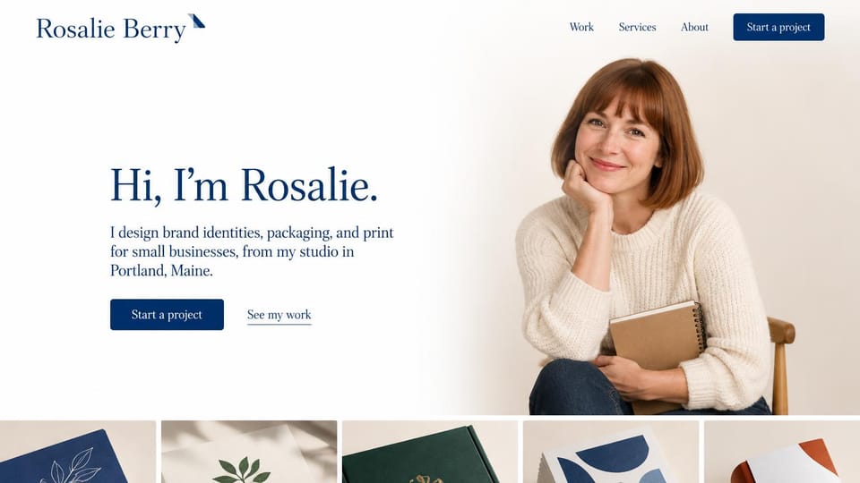 Graphic design portfolio website design, brand and print designer with a warm hello: white and cream page, a large navy serif hello, a navy button, a smiling woman holding a kraft notebook and a strip of printed cards and boxes