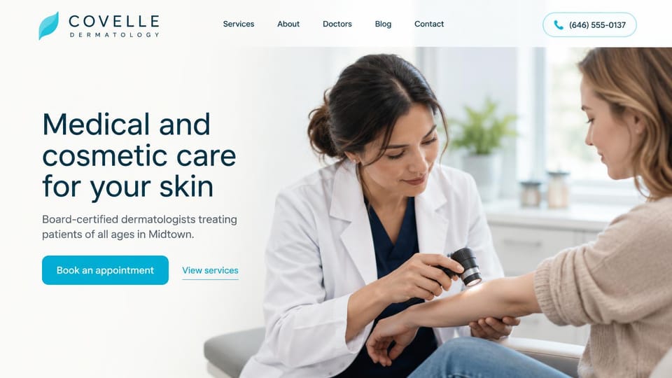 Medical practice website design, dermatology, clean and bright: white page, a navy sans headline and aqua button beside a dermatologist checking a woman's arm with a dermatoscope