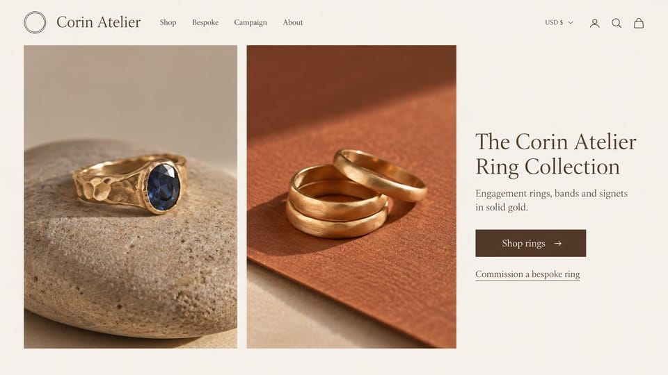 Jewelry website design, ring studio with two still lifes: cream page, a gold sapphire ring on a stone and stacked gold bands on terracotta, a dark serif headline, a brown button and a text link