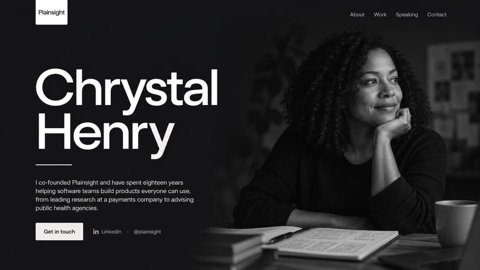 Personal website design, advisor and speaker in black and white: black and white, an oversized name beside a portrait of a woman resting her chin on her hand
