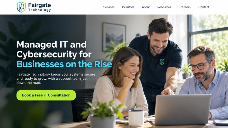 IT company website design, managed IT with a local support team: white header, a sunlit office photo of a technician helping two staff at a laptop, white and cyan headline, lime button