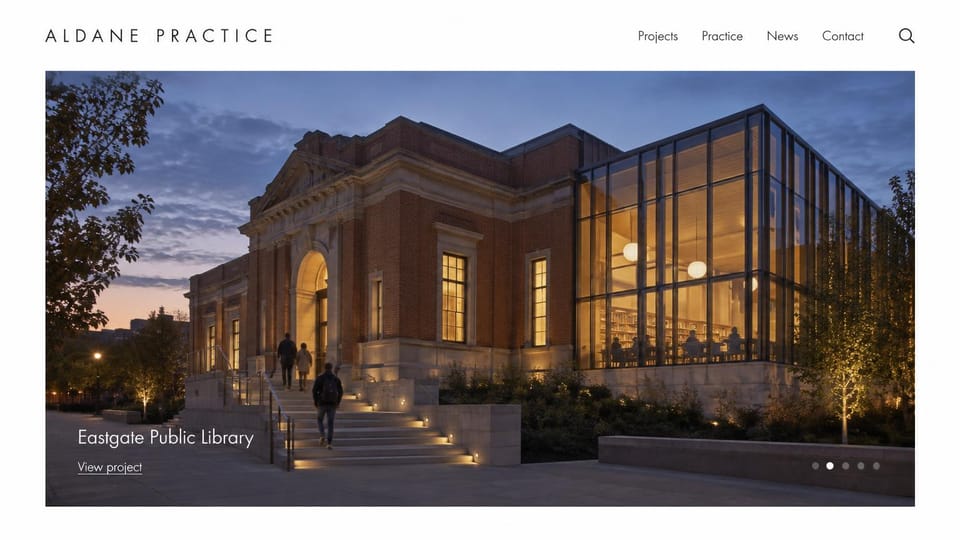 Architecture website design, historic building with a new glass wing: white page, letter-spaced wordmark, a framed dusk photo of a brick library with a lit glass extension, white caption, slider dots