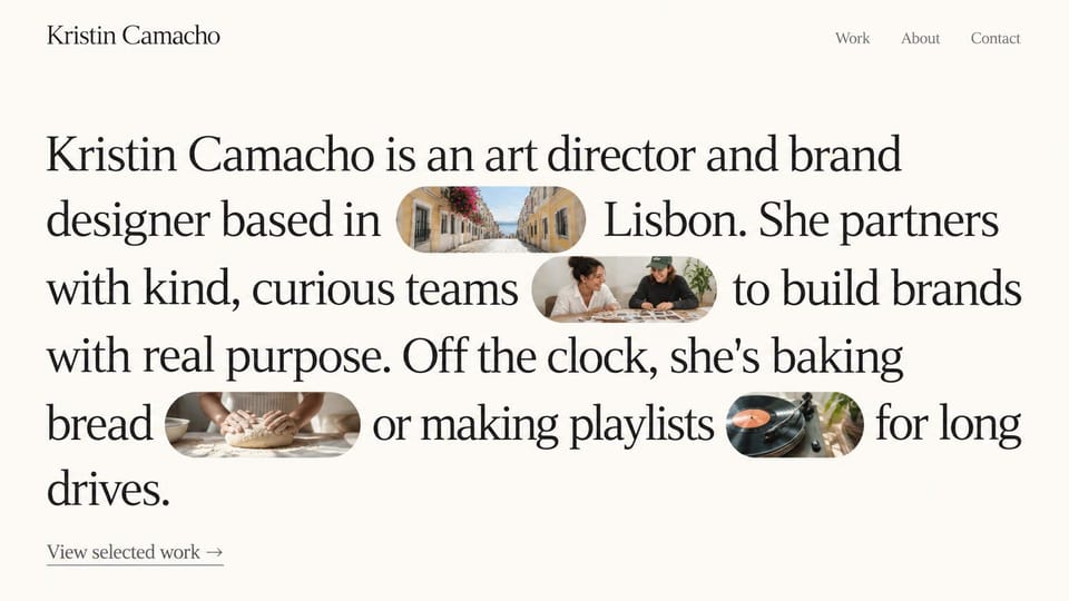 Portfolio website design, art director with photos inside the sentence: ivory page, oversized black serif text with rounded inline photos of a street, collaborators, bread and a record player