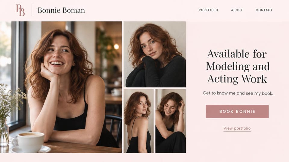 Model portfolio website design, model and actor with a friendly cafe portrait: blush pink page, a dark serif headline, a dusty rose booking button, a smiling woman with auburn curls at a cafe table and three more photos