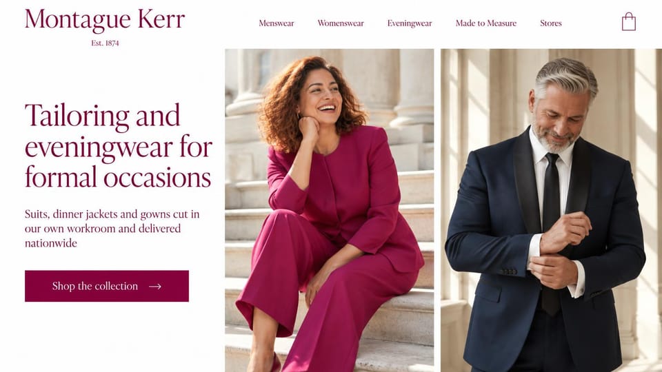 Fashion website design, formalwear for women and men with a plum headline: white page with a plum serif logo and headline, a plum button and two photos of a smiling woman in a magenta suit on stone steps and a silver-haired man in a navy dinner jacket