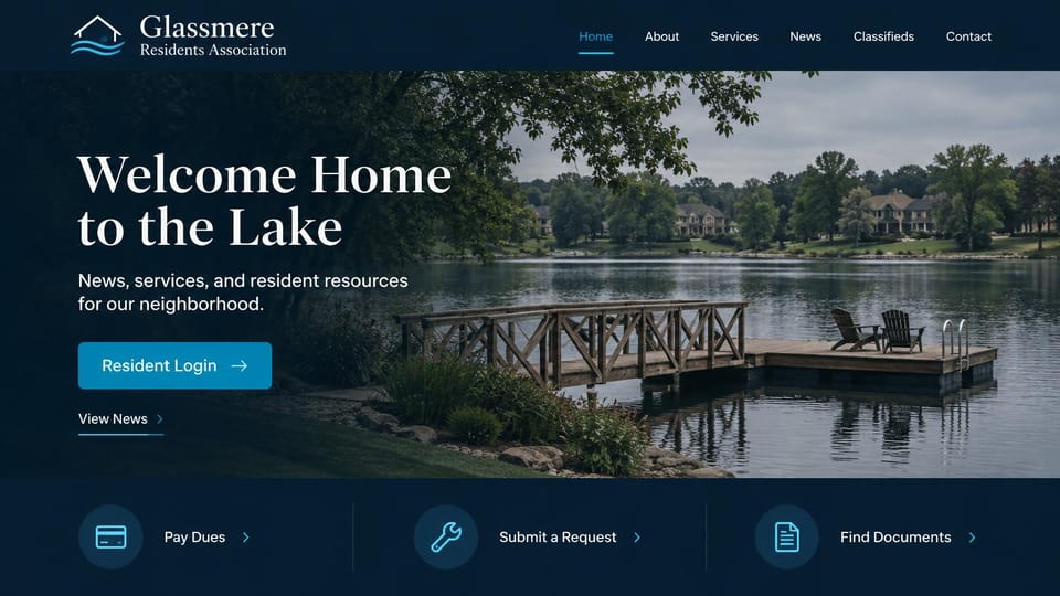 HOA website design, lakeside residents association in deep navy: deep navy page with a wave and roofline mark, a white serif headline and cyan login button beside a dock on a quiet lake, three icon links below