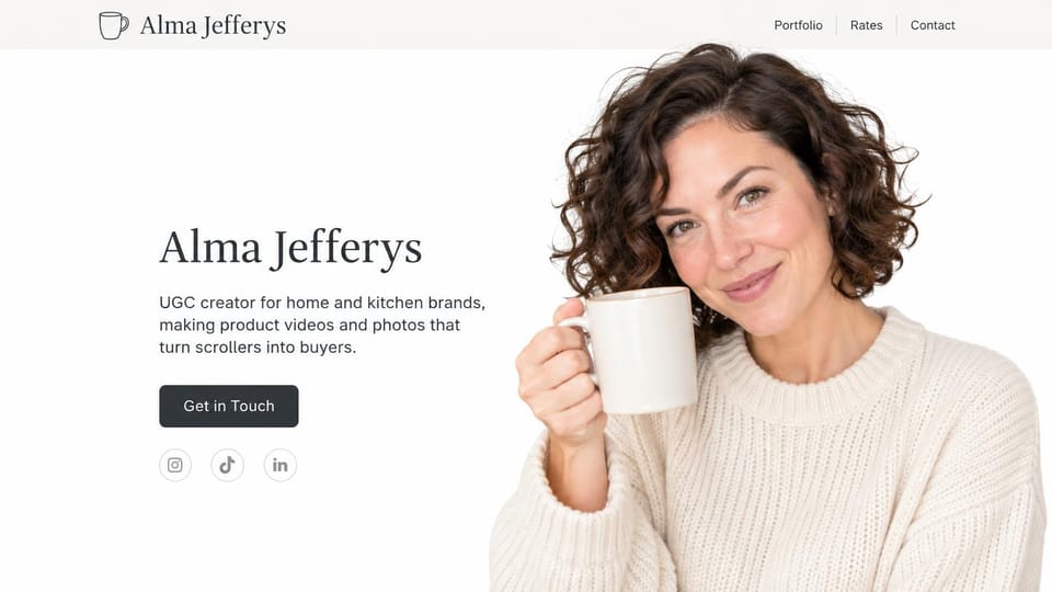 UGC portfolio website design, home and kitchen UGC, simple and white: white page, dark serif name, charcoal button, a curly-haired woman in a cream sweater holding a mug