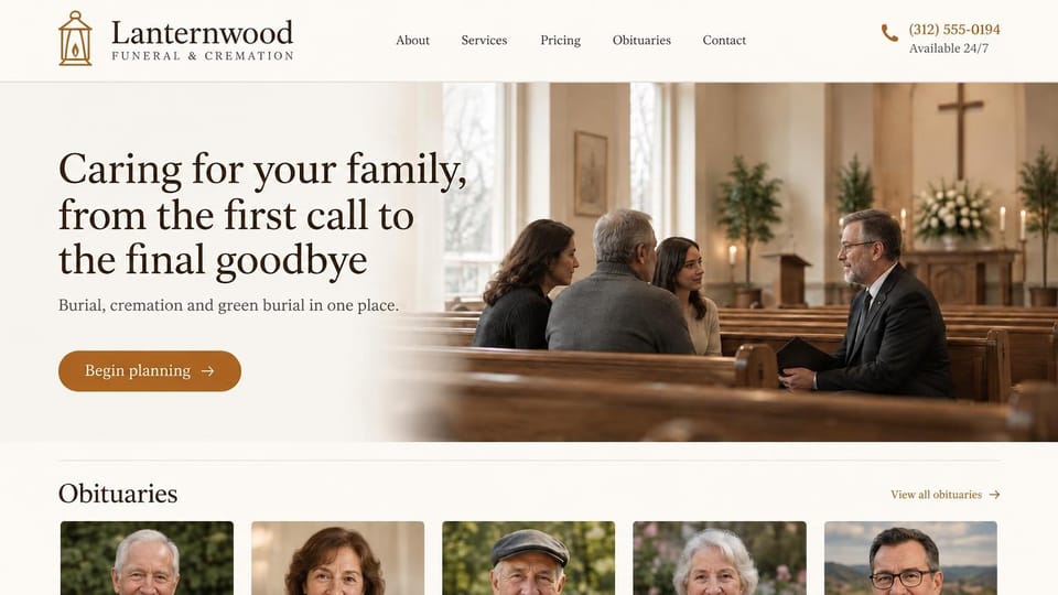 Funeral home website design, funeral and cremation with recent obituaries: cream page, a serif headline beside a photo of a funeral director talking with a family in chapel pews, an orange button and a row of portrait photos below