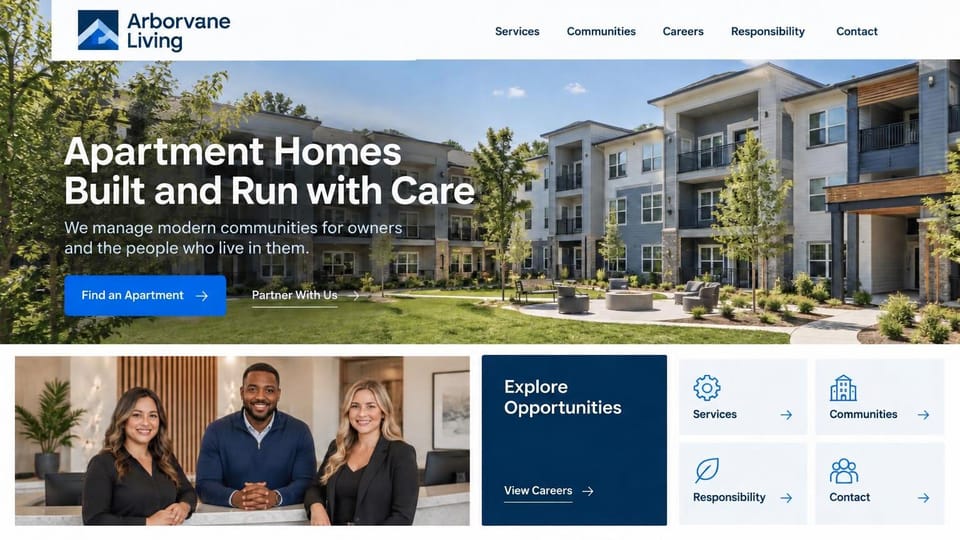 Property management website design, apartment operator with careers and service tiles: white header with a blue roof logo, a garden-style apartment community with a courtyard, a white headline, a blue find an apartment button, three leasing staff, a navy careers card and four pale icon tiles
