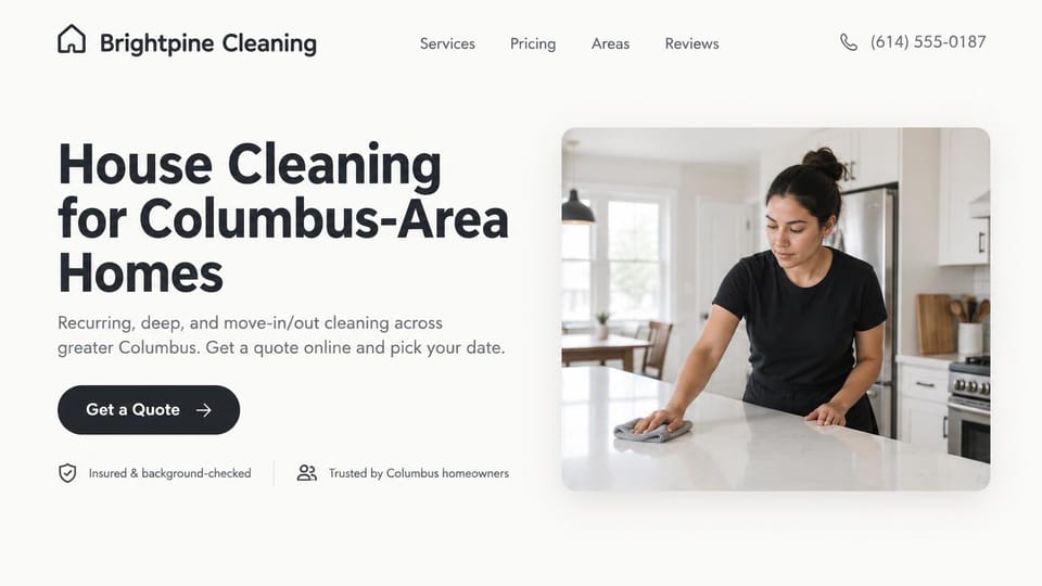 Cleaning service website design, house cleaning, plain and minimal: off-white page, a large charcoal headline, a black quote button and a rounded photo of a cleaner in a black T-shirt wiping a white kitchen counter
