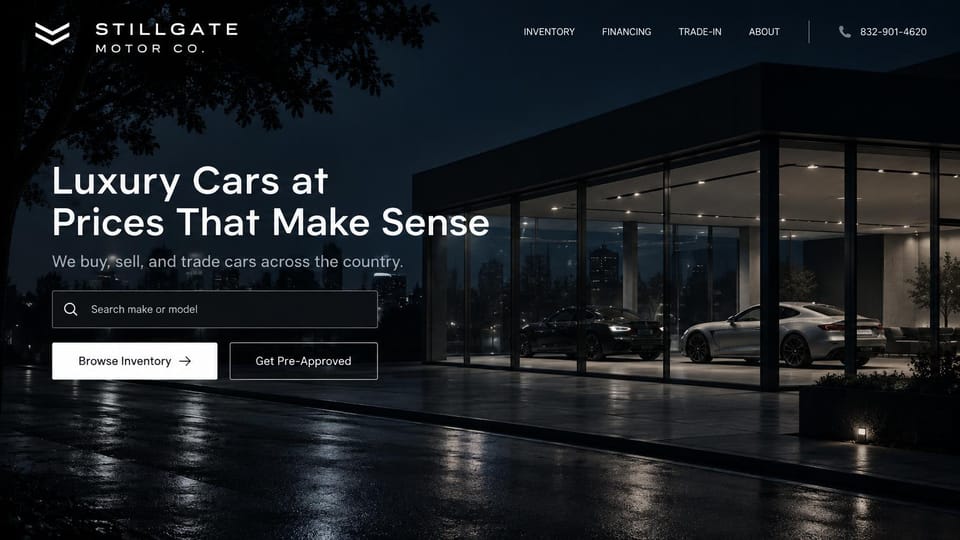 Car dealership website design, pre-owned luxury cars outside a showroom at night: dark night photo of a glass showroom with cars inside and wet pavement, white headline, a search field, a white inventory button and an outlined pre-approval button