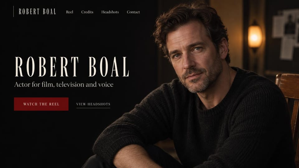 Actor website design, film and television actor in black and red: black page, tall cream serif capitals, a dark red reel button and a man in a black sweater in a dim lamplit room