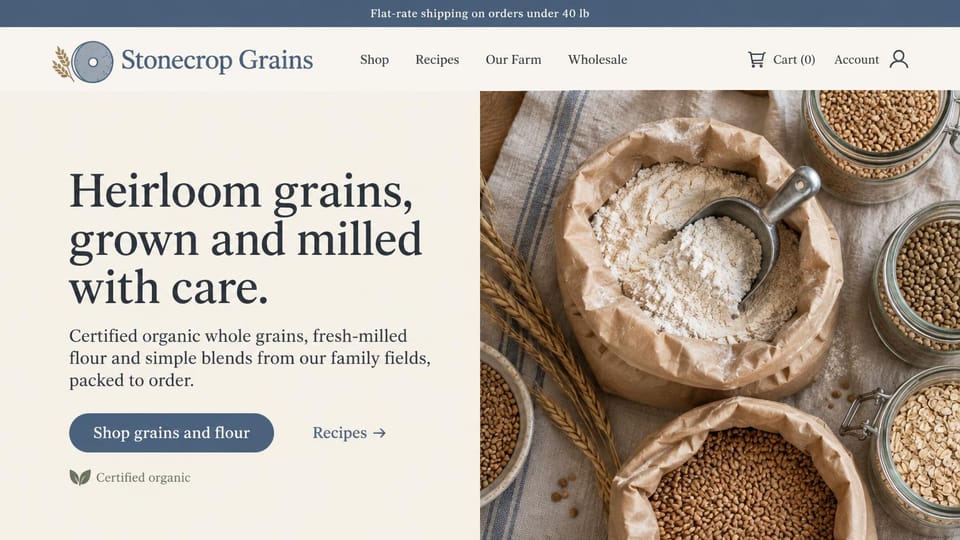 Farm website design, grain farm with a split hero and flour close-up: white page, slate blue shipping bar, large dark serif headline on the left, an overhead photo of a flour sack, scoop and jars of grain on the right