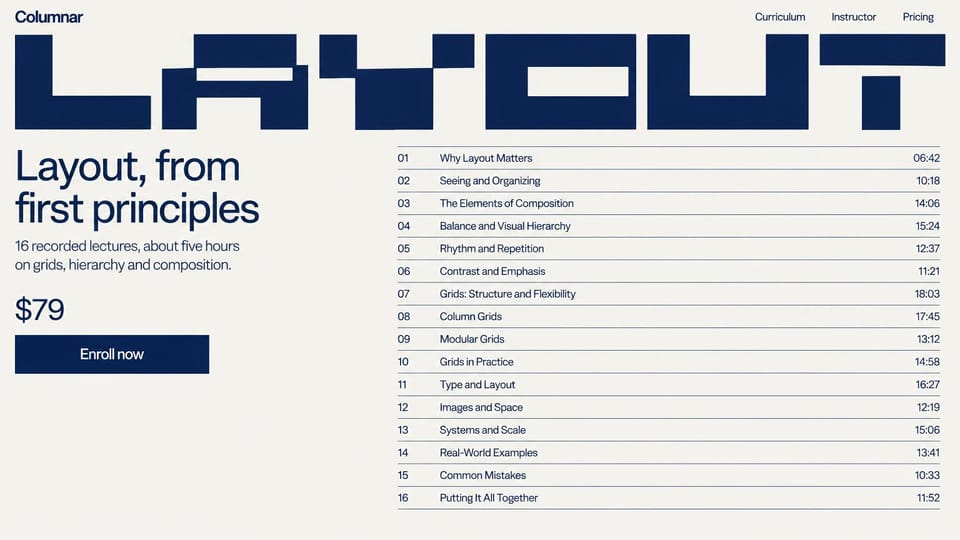 Landing page website design, self-paced course with the lesson list showing: off-white page, huge navy block letters, a price and navy enroll button beside a numbered list of lessons