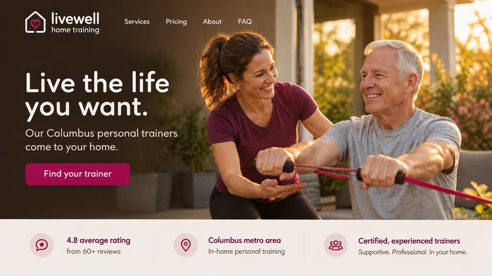 Personal trainer website design, in-home training for older adults on a warm patio: dark brown page, a large white headline, a magenta find your trainer button, a trainer leading an older man through band rows on a patio, a pale strip of three trust points