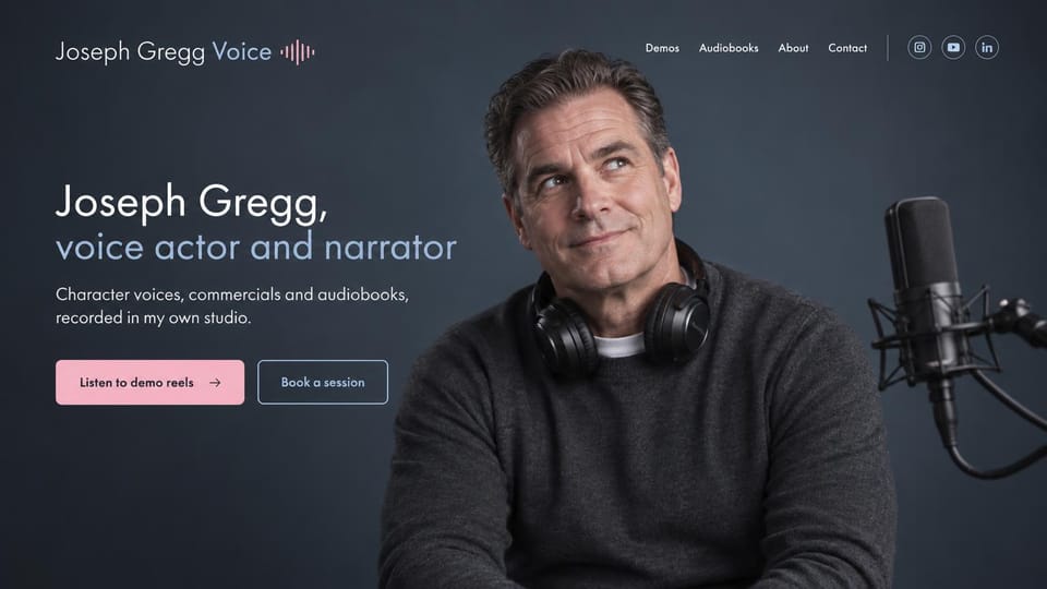 Actor website design, voice actor and narrator with studio gear: slate blue page, a man with headphones around his neck beside a studio microphone and a pink demo button