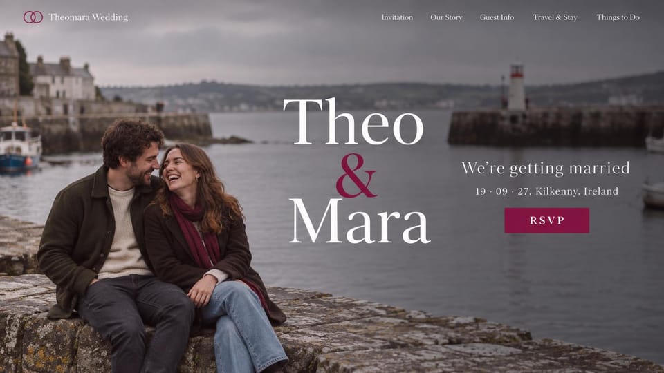 Wedding website design, harbor wedding with oversized names: a couple laughing on a harbor wall, huge white serif names and a berry RSVP button