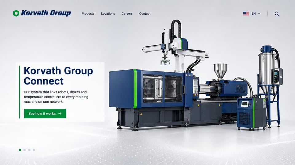 Manufacturing website design, molding machine shown like a product: pale gray page, a navy and green injection molding machine with a robot arm and a dryer, a white card with a navy headline and a green button