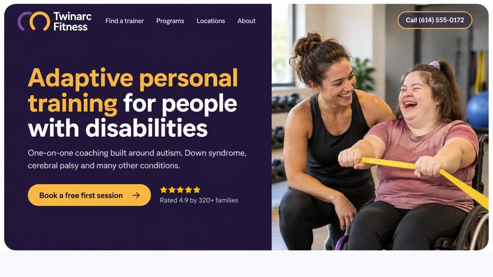 Personal trainer website design, adaptive training for people with disabilities: dark purple panel, a yellow and white headline, a yellow button, a trainer laughing with a young woman in a wheelchair doing band pulls