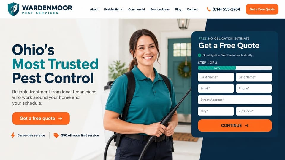 Pest control website design, home pest control with a two-step quote form: white page, a black and teal headline, a smiling woman technician in a teal polo with a sprayer wand, a navy quote form with orange buttons