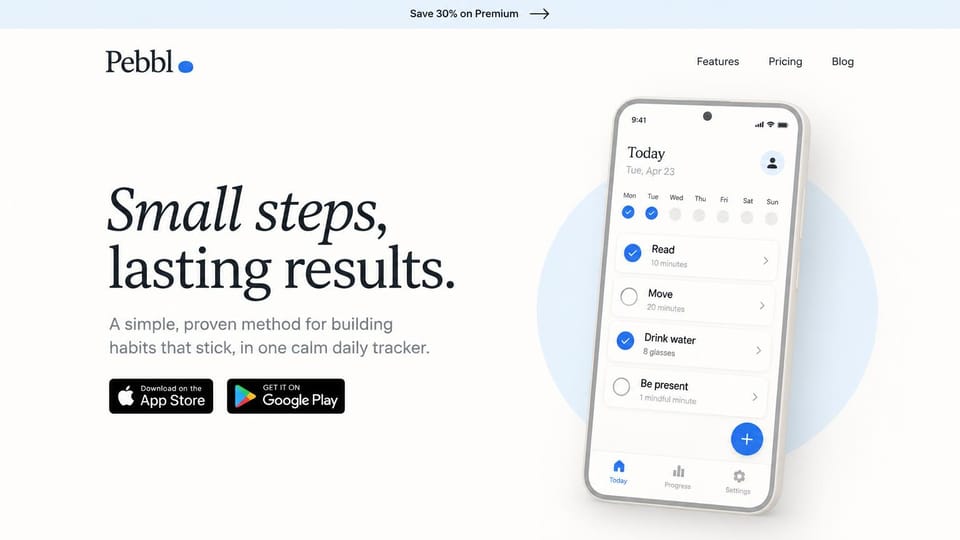 Mobile app website design, habit tracker in an italic serif: white page, large black italic serif headline, store badges and a phone in a pale blue circle