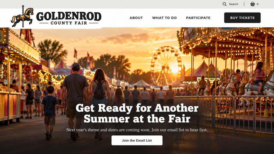 Coming soon website design, fair or festival between seasons: golden-hour photo of a carousel and fairground crowd, ornate horse logo, white serif headline and a white button