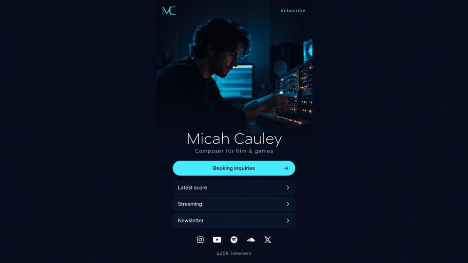 Musician website design, composer link page with booking first: dark navy, a composer at a studio desk, a cyan booking button and slim link rows