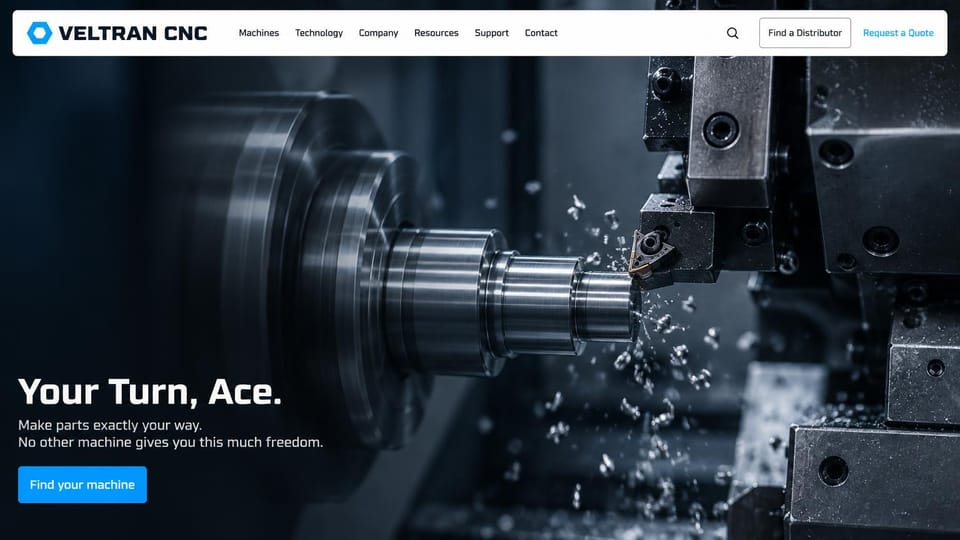 Manufacturing website design, cNC lathe maker with a short, bold line: full dark photo of a lathe tool cutting a steel shaft with flying chips, a white floating menu bar, a white headline and a blue button at lower left