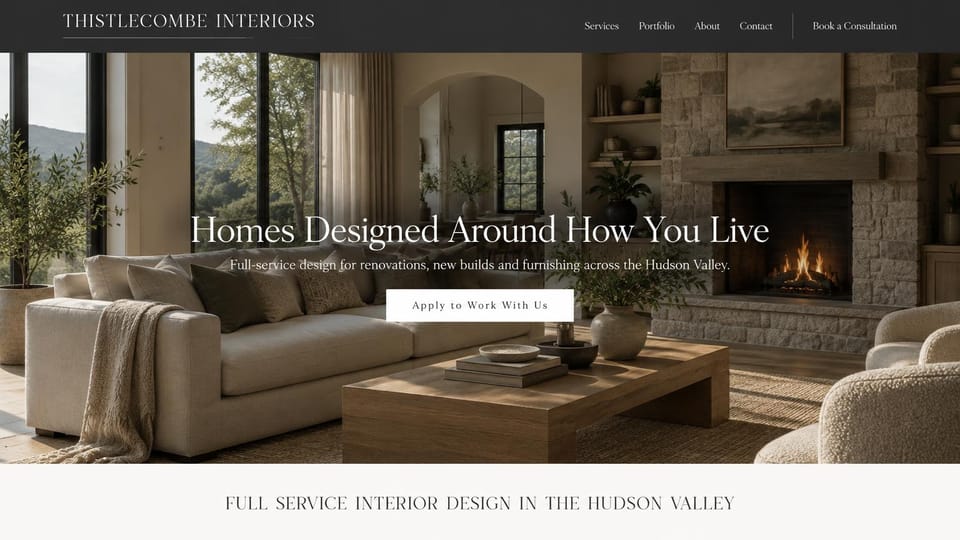 Interior design website design, full-service studio that takes applications: charcoal header, a living room with a stone fireplace, a centered white serif headline and an apply button