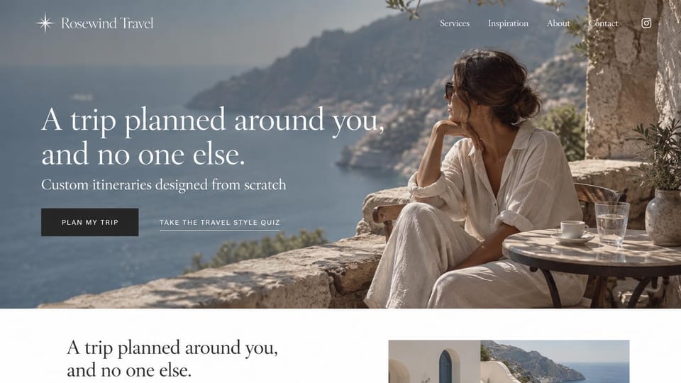 Travel agency website design, custom itinerary planner with a seaside terrace: a woman in linen at a cafe table on a cliffside terrace above the sea, a large white serif headline and a black plan my trip button