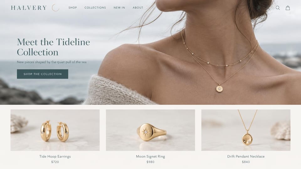 Jewelry website design, seaside gold collection with prices below: white menu, a woman in a cream knit wearing a gold pendant by the sea, a slate serif headline and button, three product photos with names and prices