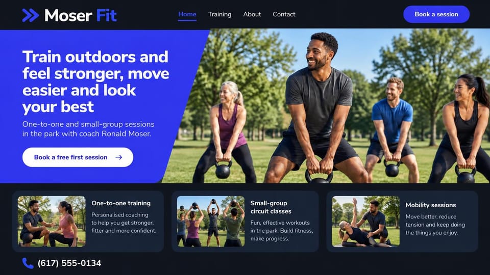 Personal trainer website design, park bootcamp and one-to-one sessions in electric blue: dark navy page, an electric blue panel with a white headline and a white pill button, a group swinging kettlebells in a sunny park, three photo service cards and a phone number