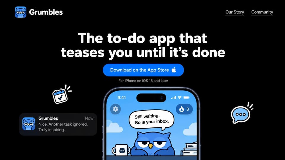 Mobile app website design, to-do app with a cheeky mascot: black page, bold white headline, a blue App Store button and a phone with a cartoon owl