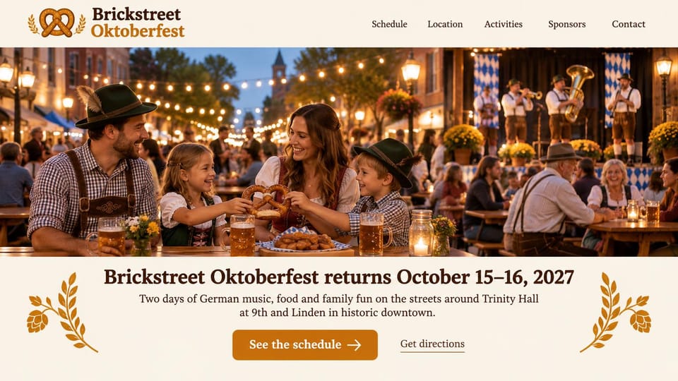 Event website design, oktoberfest street party with a brass band: cream page with a pretzel logo, wide photo of a family in dirndl and lederhosen sharing a pretzel with a brass band behind, centered brown serif headline, orange schedule button
